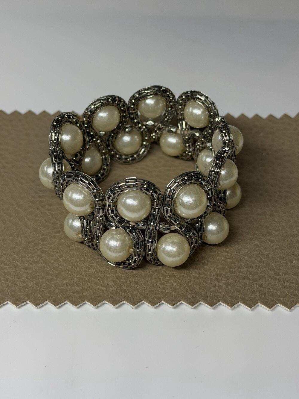 Faux Pearl Statement Bracelet Stretch Wide Cuff Silver Tone Bugle Beaded Swirl